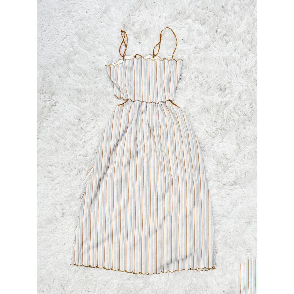 Lina Brand Striped Scalloped Trim Maxi Dress Cut-Out Waist Pockets Boho Size M